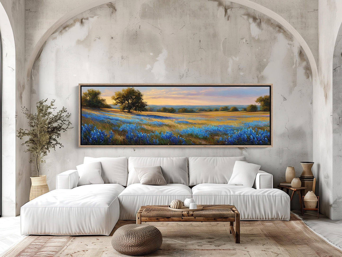 Texas Bluebonnet , Panoramic Sunset canvas wall art shown in a living room (view 2)