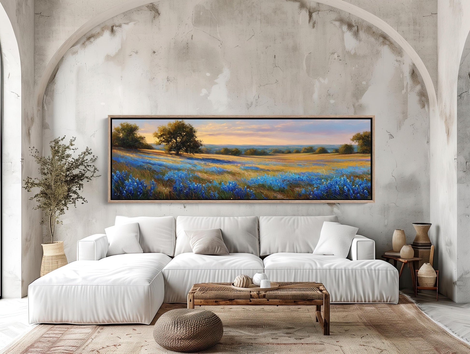 Texas Bluebonnet , Panoramic Sunset canvas wall art shown in a living room (view 2)