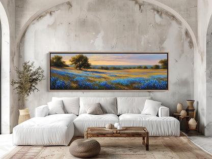 Texas Bluebonnet , Panoramic Sunset canvas wall art shown in a living room (view 2)