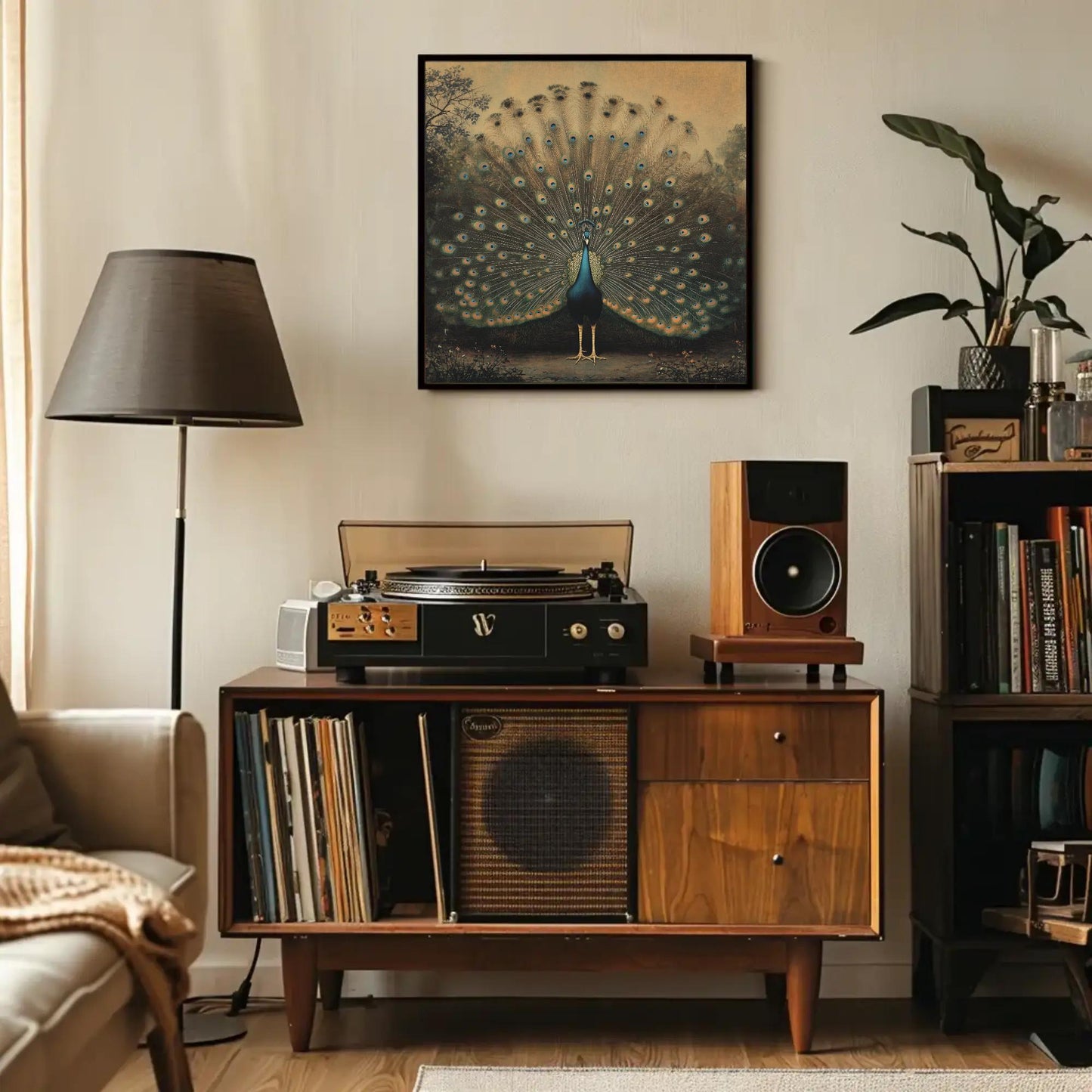 Peacock canvas wall art shown in a living room (view 2)