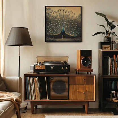 Peacock canvas wall art shown in a living room (view 2)