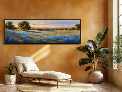 Texas Bluebonnet , Panoramic Sunset canvas wall art shown in a living room (view 3)