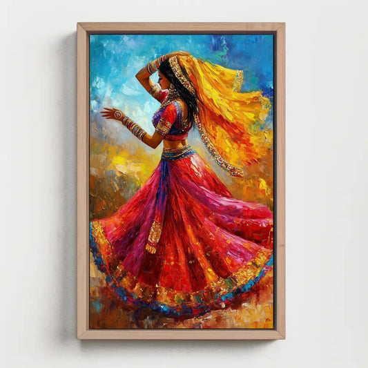 Rajasthani folk dancer canvas wall art, image is a vibrant painting depicting a woman in traditional Indian attire, with a
