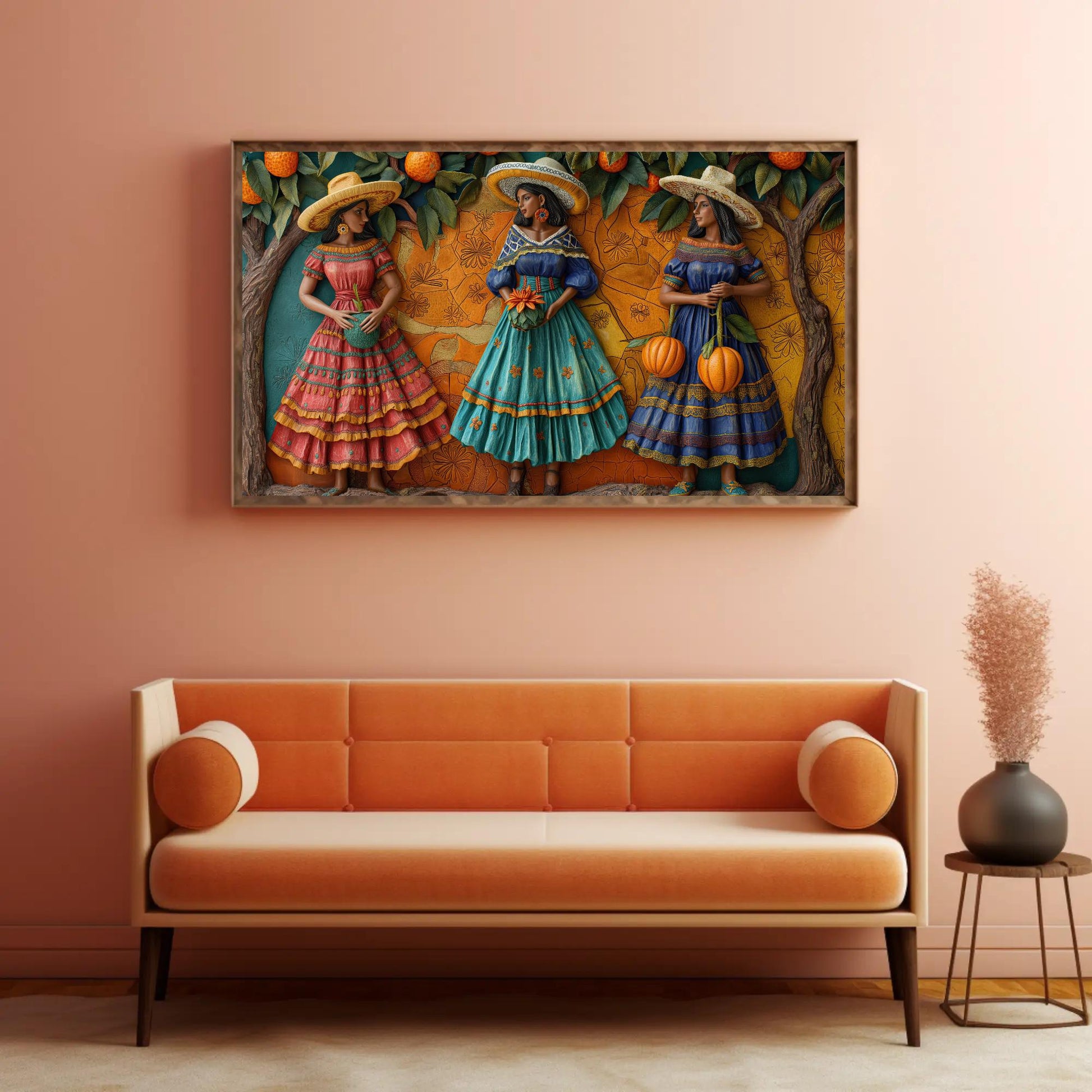 Mexican 3D Illusion , Colorful Cultural canvas wall art in green tones