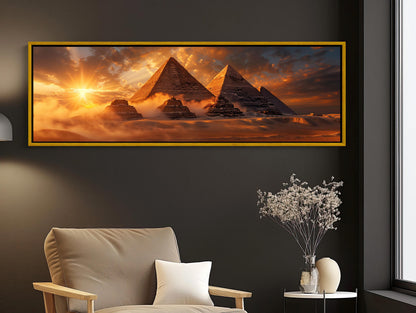 Pyramids at desert sunset canvas wall art, large framed painting of the pyramids of Giza in Egypt, with a dramatic sunset in