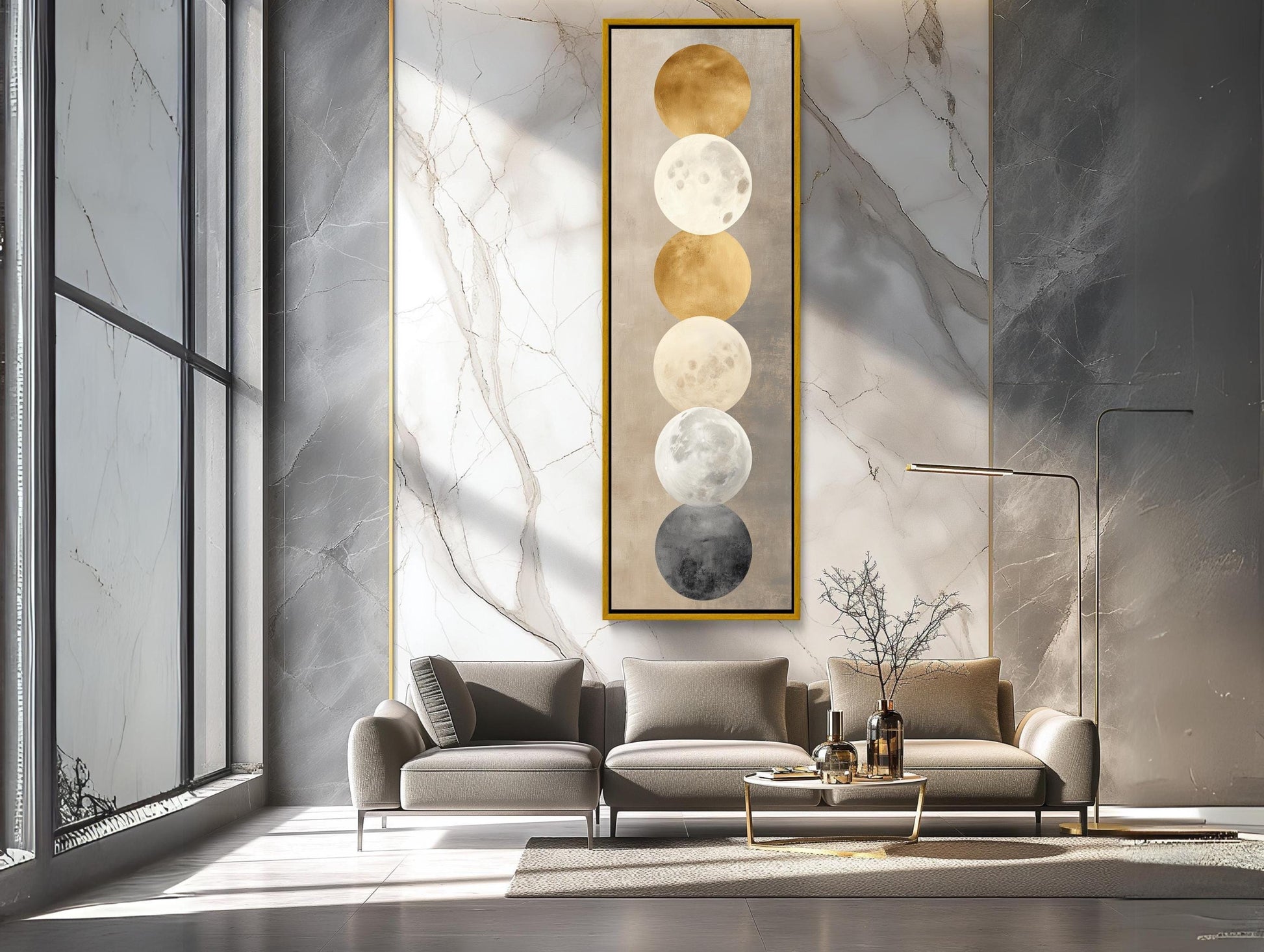 Gold Moon Phases canvas wall art shown in a living room (view 2)