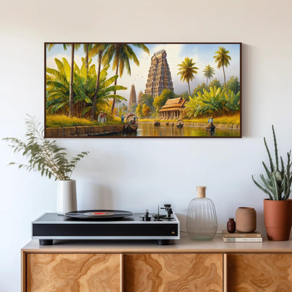 South India Backwaters , Kerala Temple canvas wall art shown above a cabinet