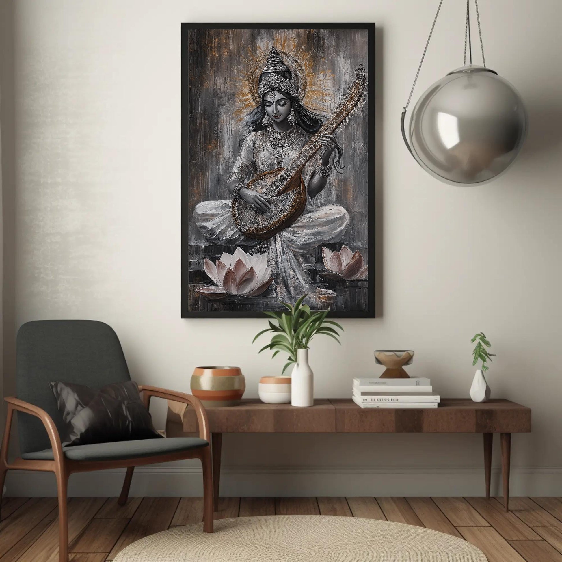 Goddess Saraswati , Hindu Wisdom canvas wall art shown in a living room (view 3)