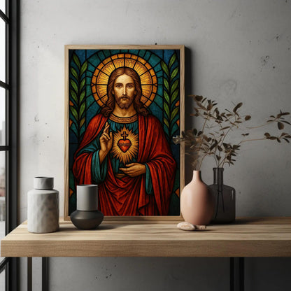 Sacred Heart of Jesus Canvas Print, Catholic Stained Glass Wall Art