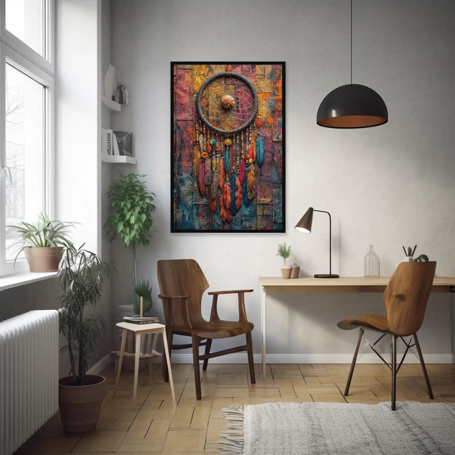 Dreamcatcher , Boho Rustic Feather canvas wall art shown in a styled interior (view 3)