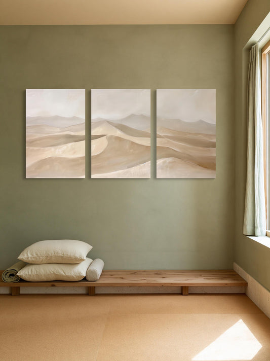 Neutral sand dunes set of 3 canvas wall art, beige desert dunes across three panels