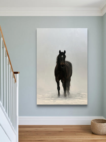 Black horse in mist canvas wall art, dark horse walking toward the viewer through pale fog