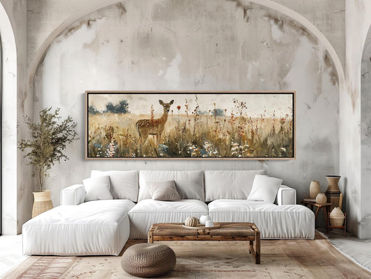 a living room with a white couch and a deer painting on the wall