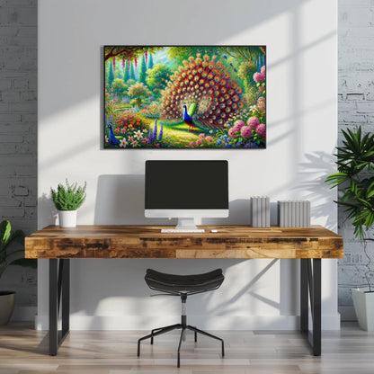 Peacock Garden canvas wall art shown above a desk (view 2)