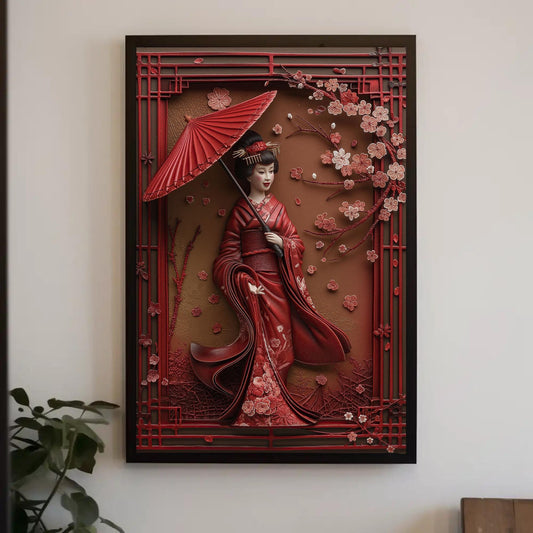 a picture of a woman with a red umbrella