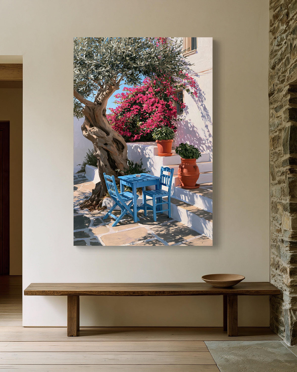 Greek taverna courtyard canvas wall art, blue table under an olive tree with pink bougainvillea