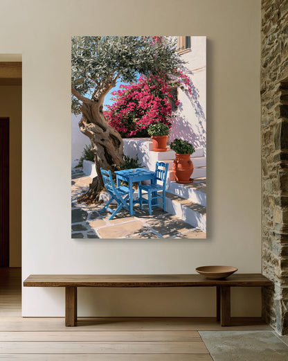 Greek taverna courtyard canvas wall art, blue table under an olive tree with pink bougainvillea