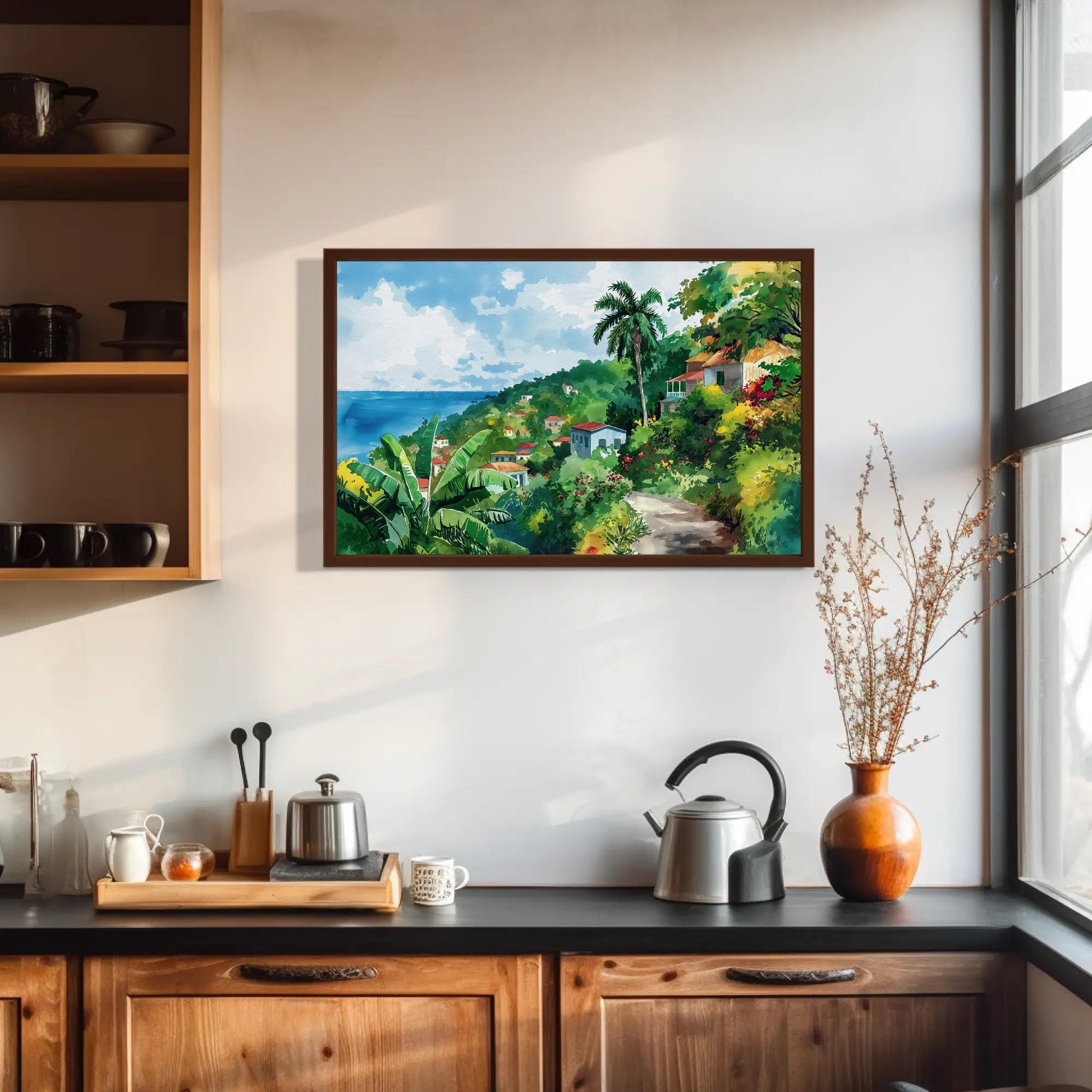 Jamaica , Caribbean Tropical Seascape canvas wall art shown in a kitchen