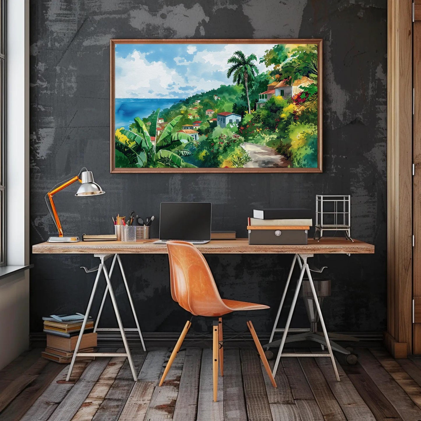 Jamaica , Caribbean Tropical Seascape canvas wall art shown above a desk