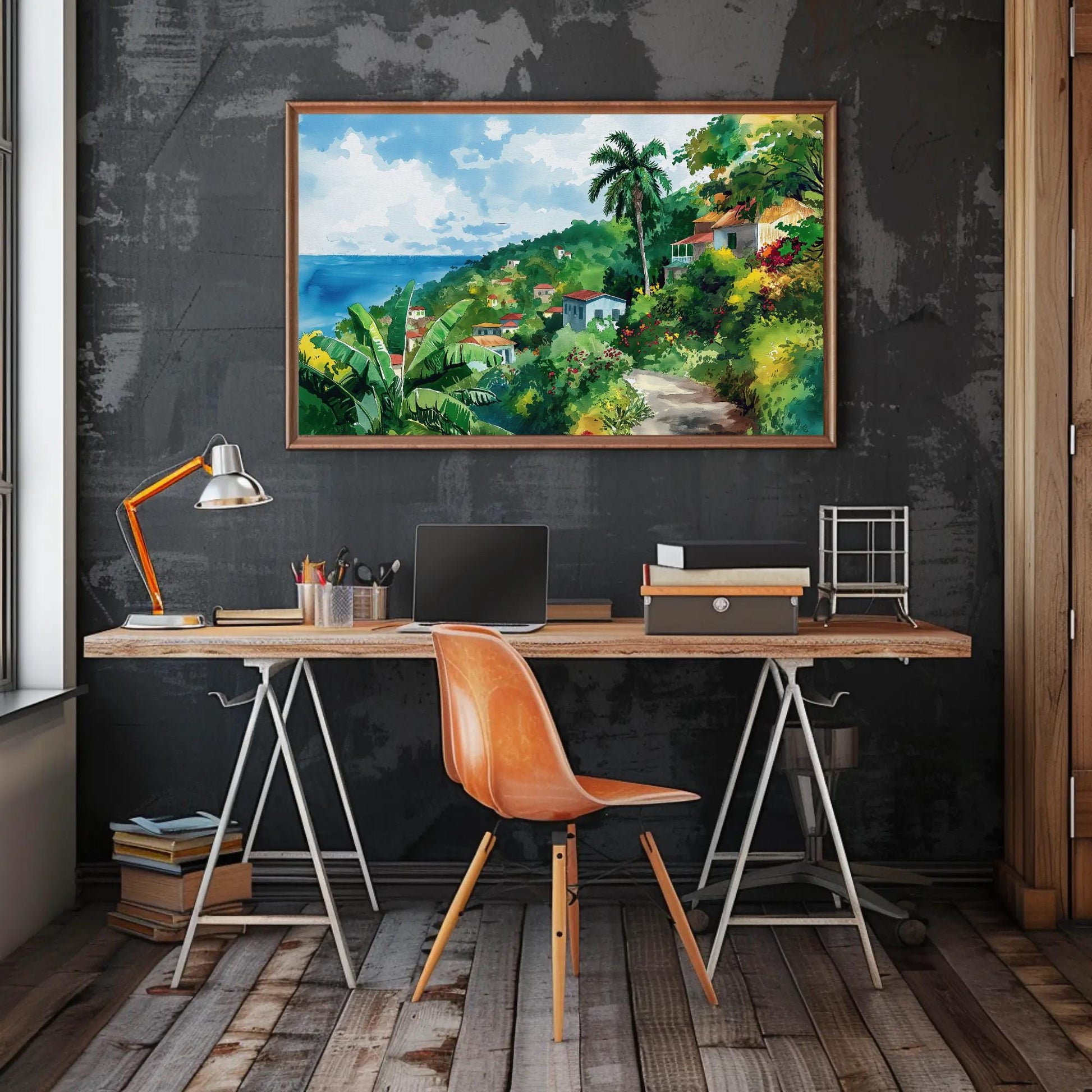 Jamaica , Caribbean Tropical Seascape canvas wall art shown above a desk