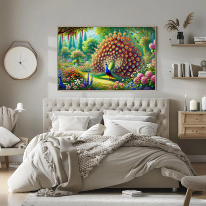 Peacock Garden canvas wall art shown in a bedroom