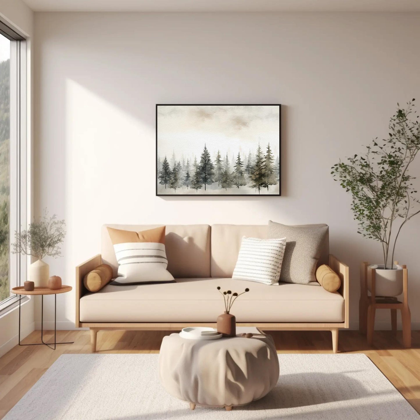 Pine Tree canvas wall art shown in a living room