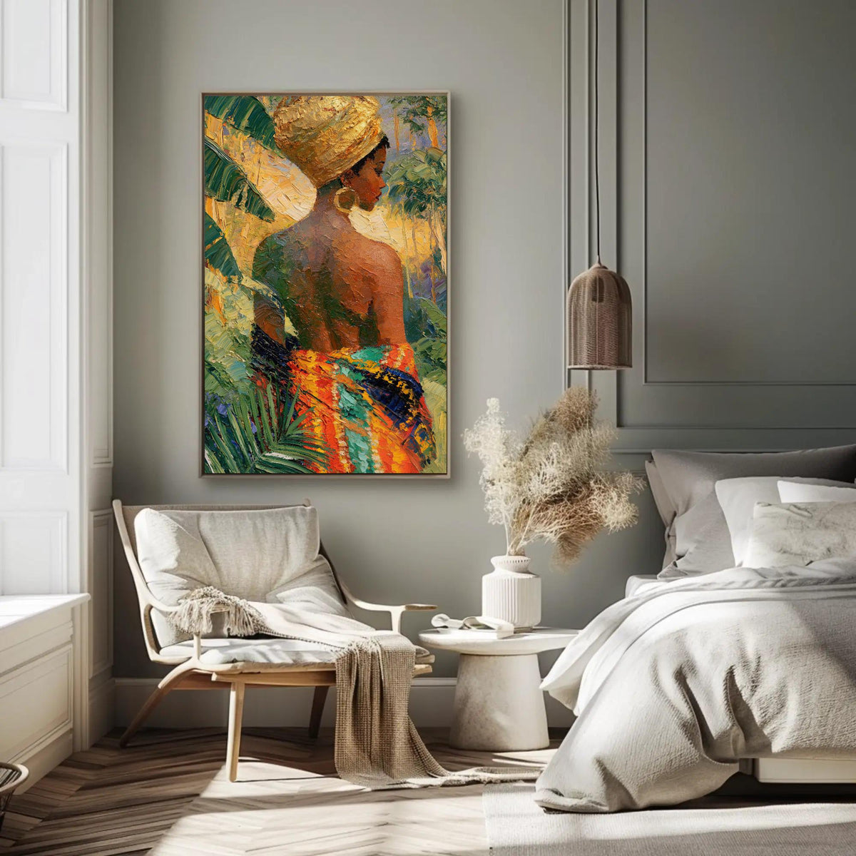 Caribbean woman in head wrap canvas wall art, bedroom with a large painting of a woman in a colorful dress hanging on the