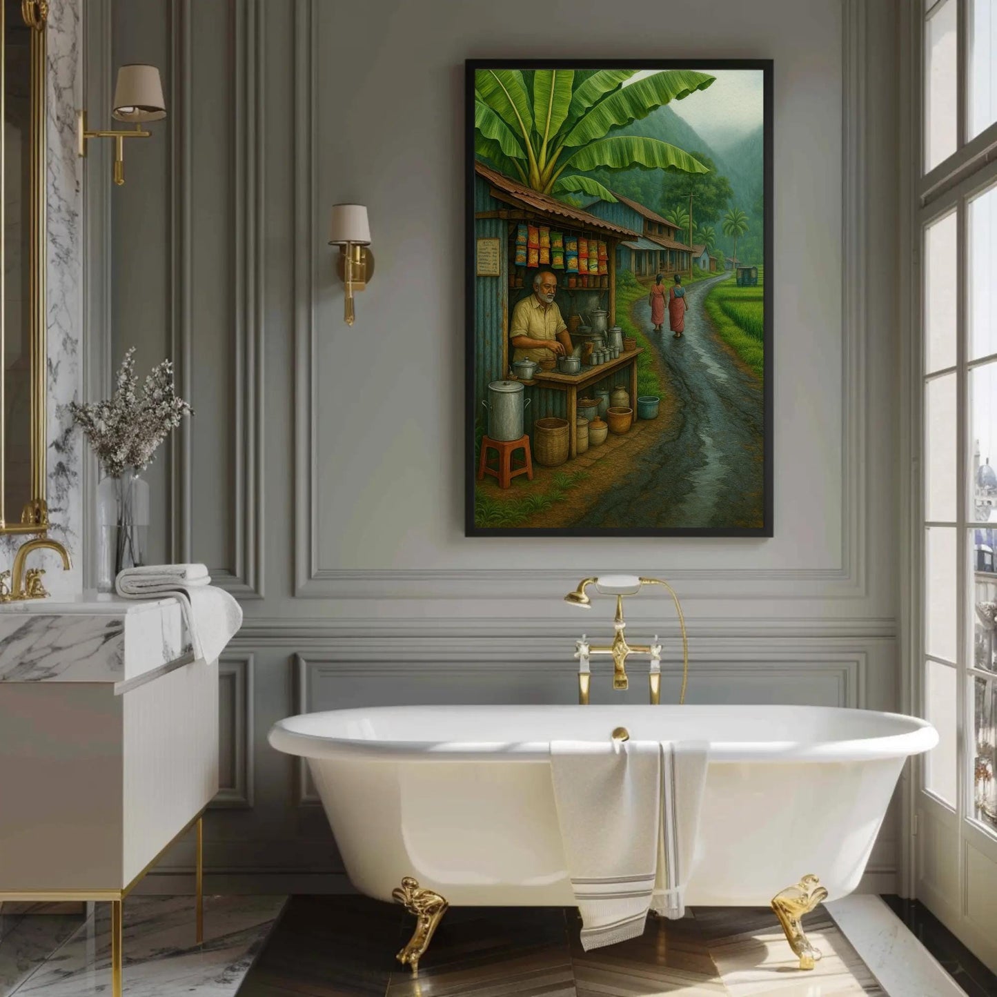 South Indian Tea Stall Art canvas wall art shown in a bathroom