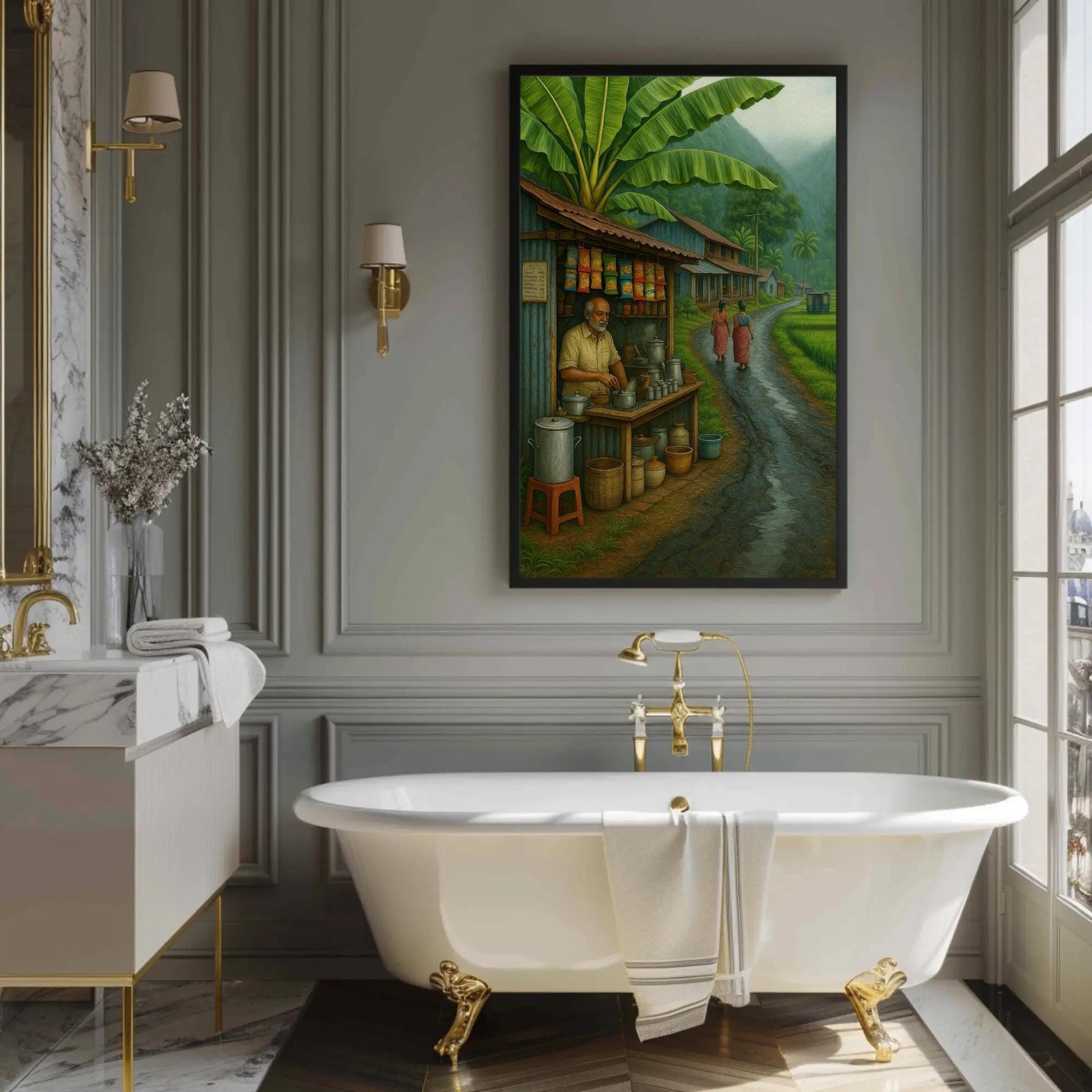 South Indian Tea Stall Art canvas wall art shown in a bathroom