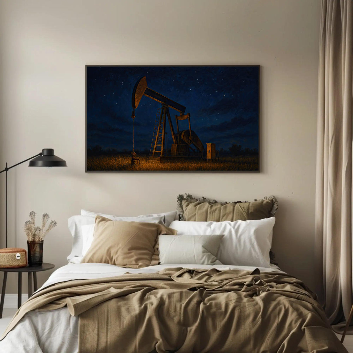 a bedroom with a bed and a painting on the wall
