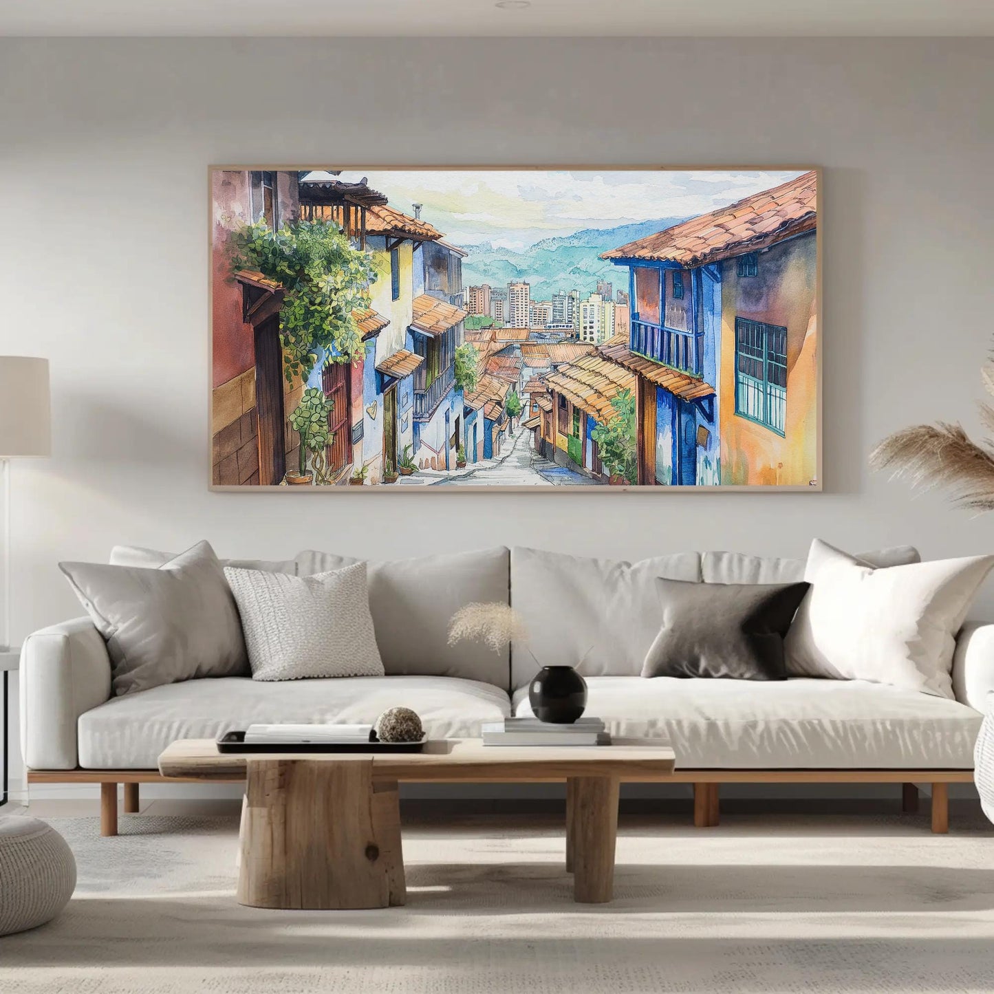 Medellín Watercolor Painting canvas wall art shown in a living room (view 2)