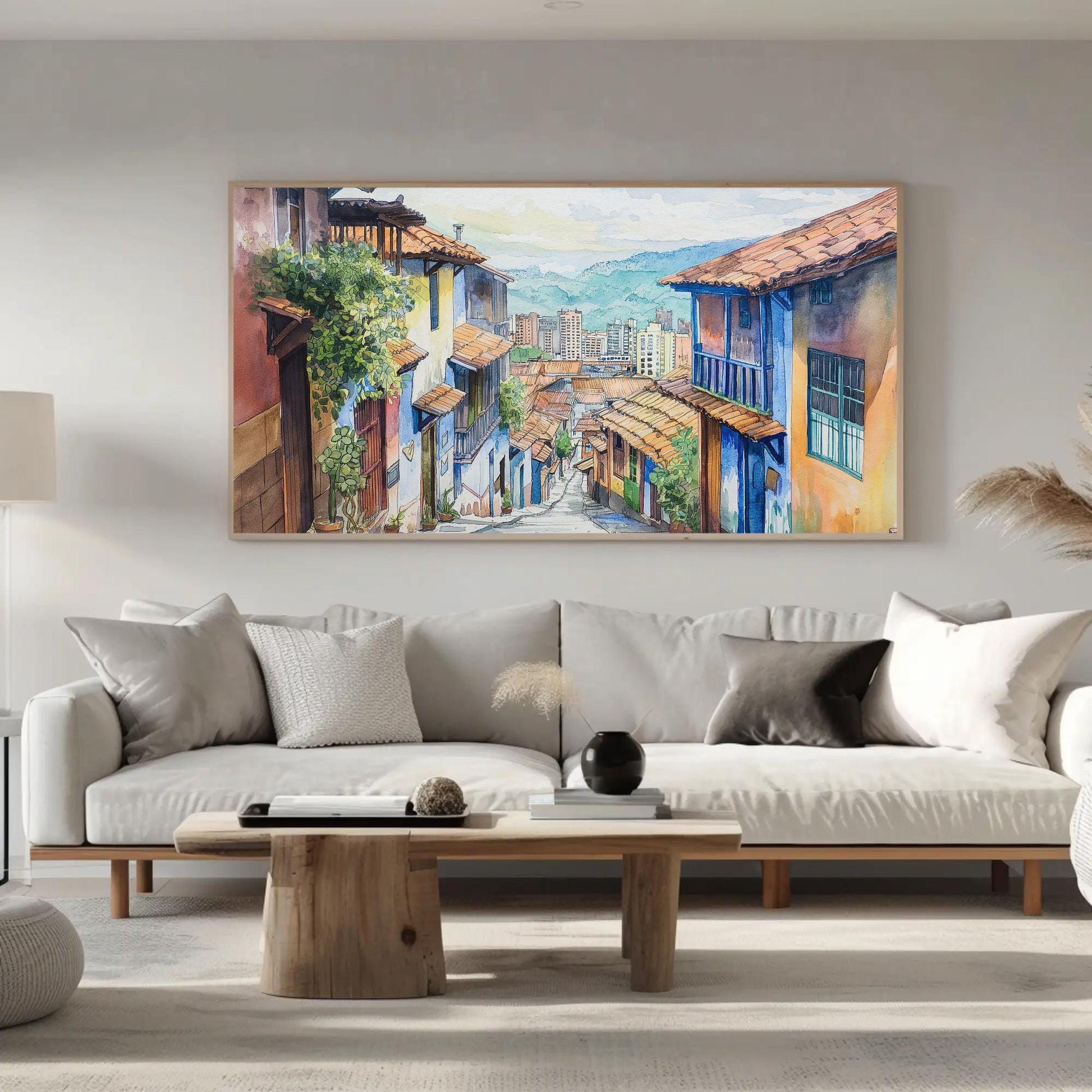 Medellín Watercolor Painting canvas wall art shown in a living room (view 2)