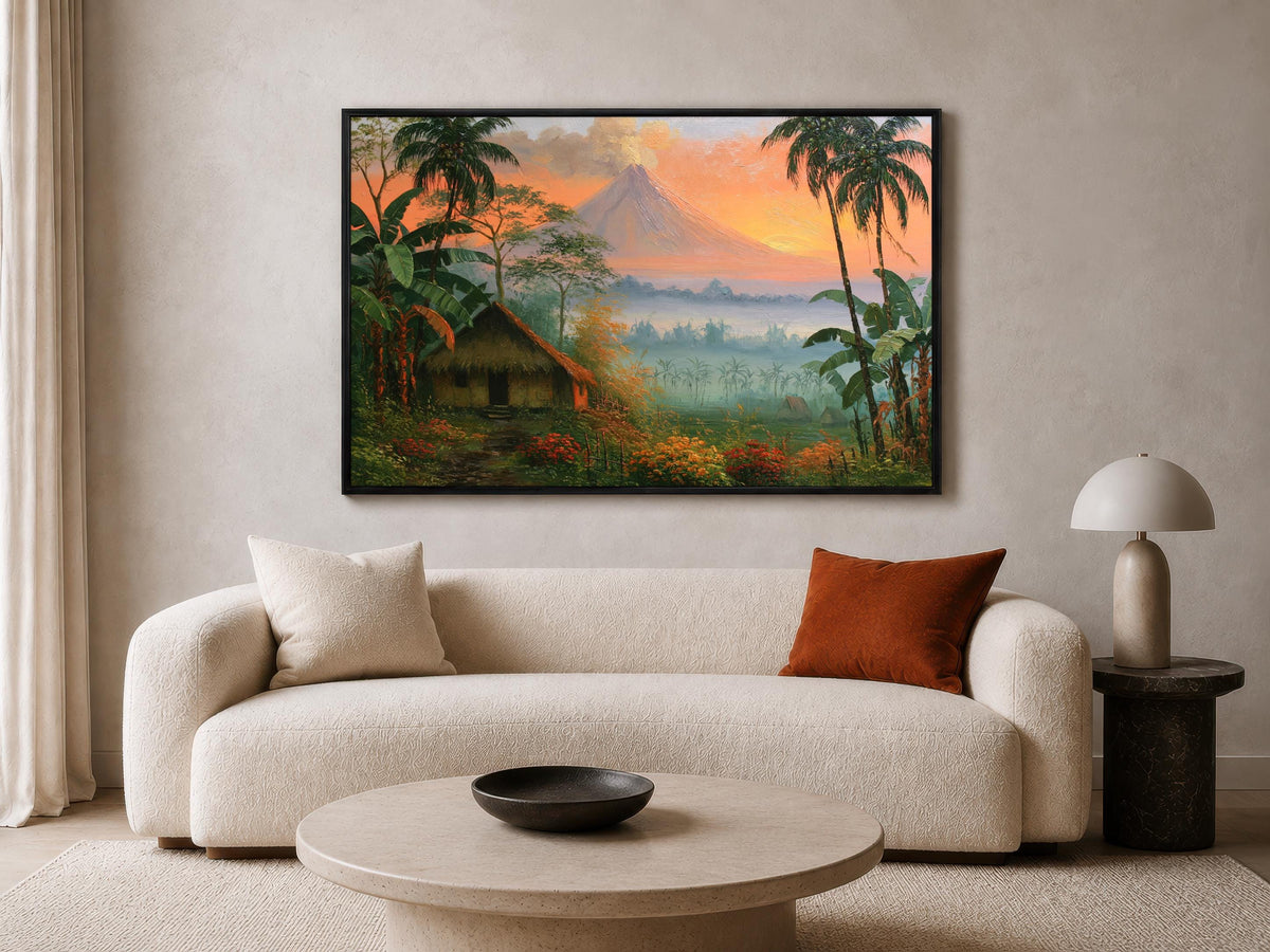 a large, colorful painting of a tropical landscape hanging on a wall above a white sofa in a living room.
