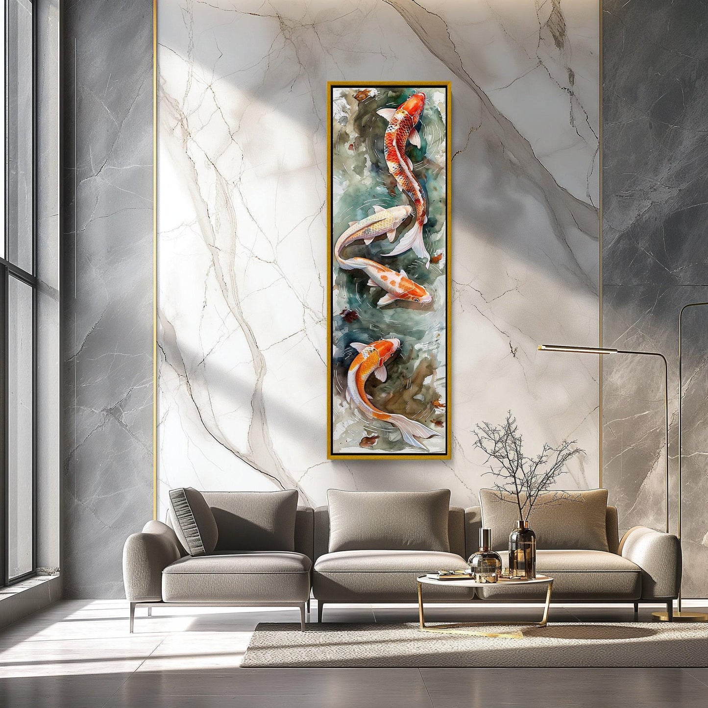 Koi Fish Pond Canvas, Japanese Watercolor Art on Museum Grade Canvas, Narrow Wall Decor