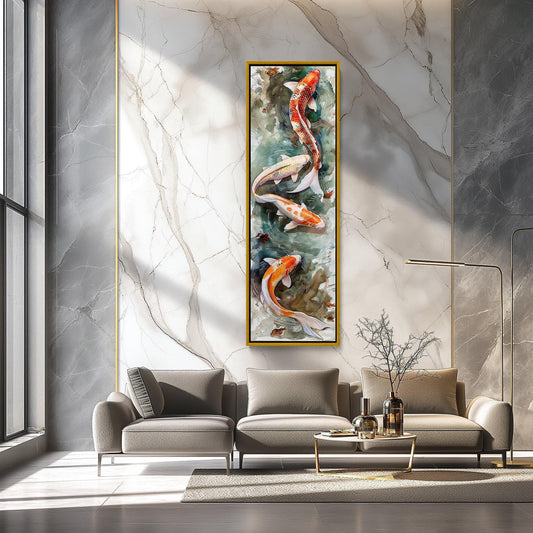 Koi Fish Pond Canvas - Japanese Watercolor Art on Museum Grade Canvas, Narrow Wall Decor