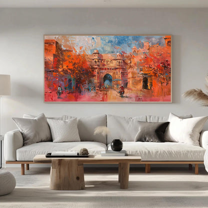 Jaipur Abstract Oil Painting canvas wall art shown in a living room