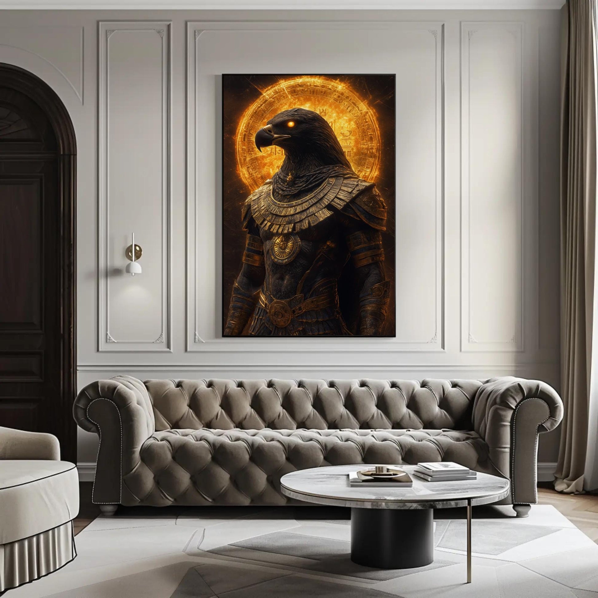 Horus canvas wall art shown in a living room