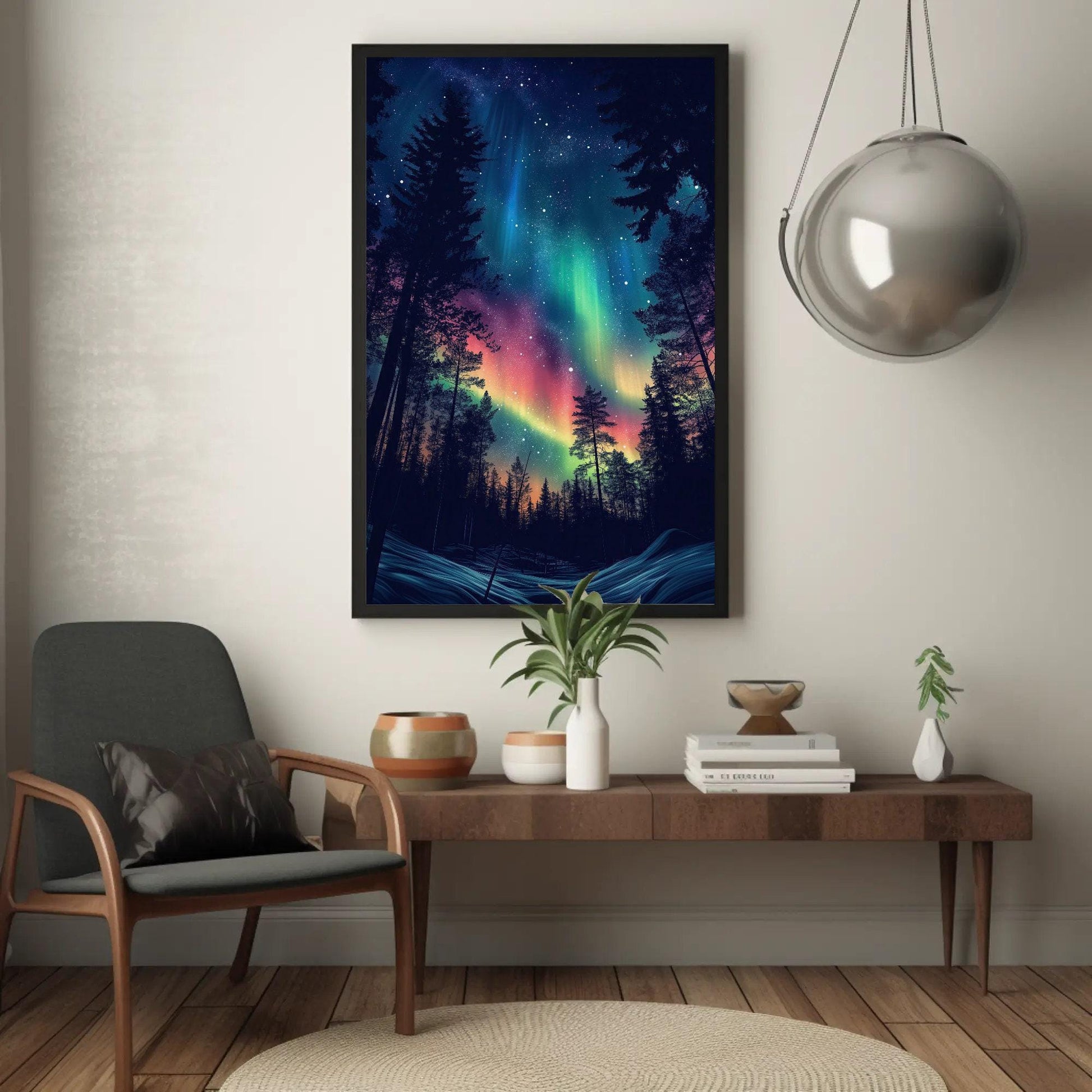 Aurora Borealis canvas wall art shown in a living room