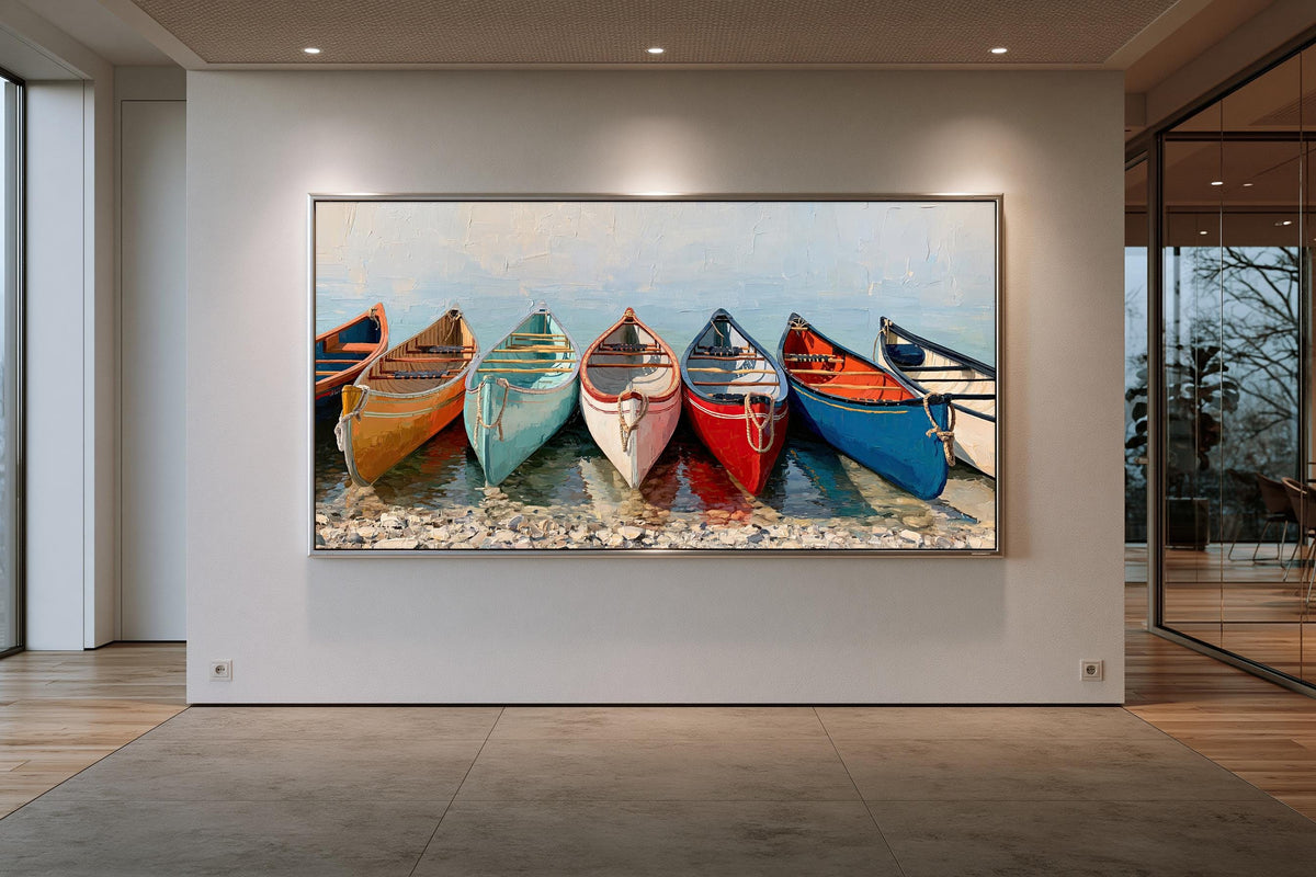 A large framed painting depicting a row of colorful canoes lined up on a rocky shore, with a serene and peaceful atmosphere.