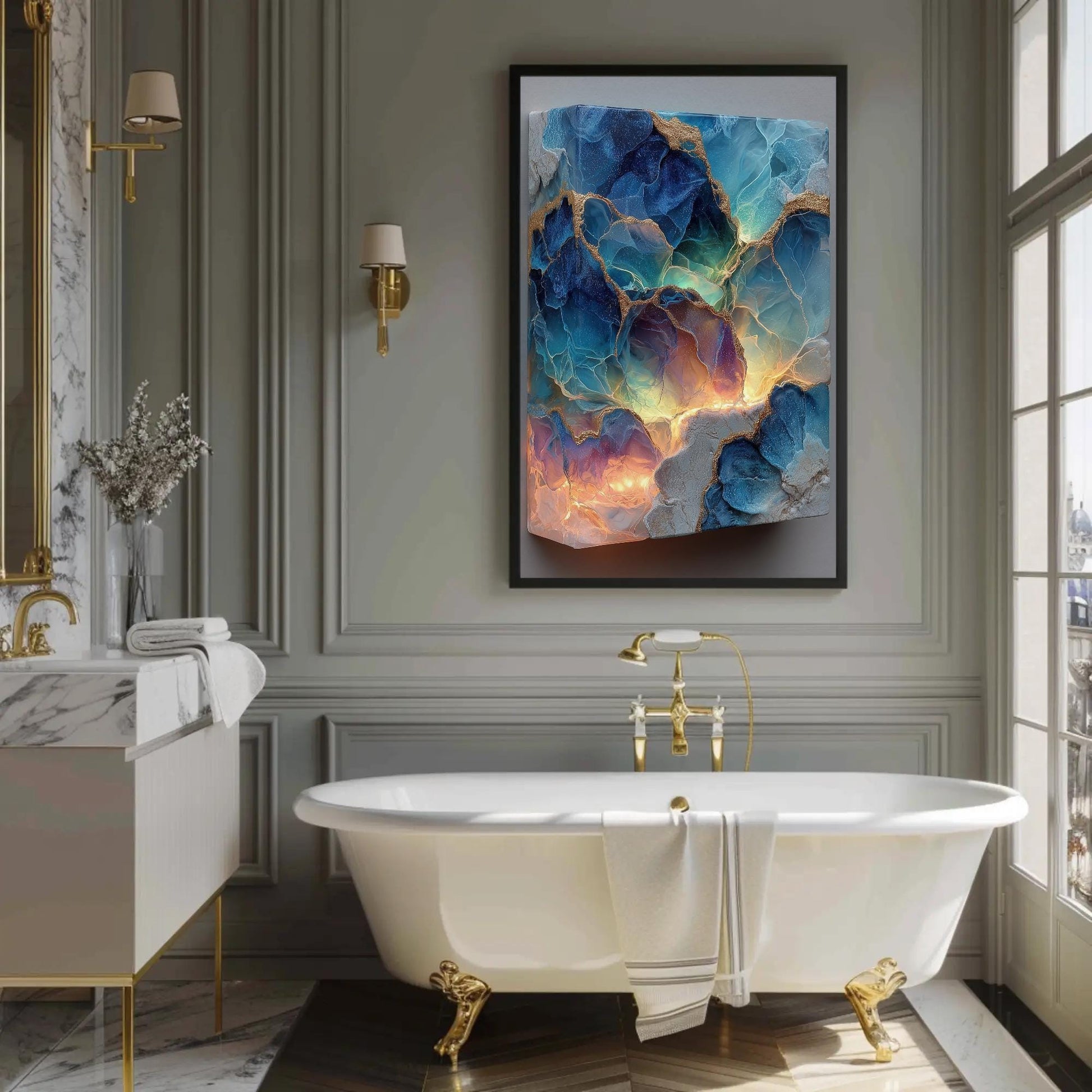 Bioluminescent Ocean canvas wall art shown in a bathroom