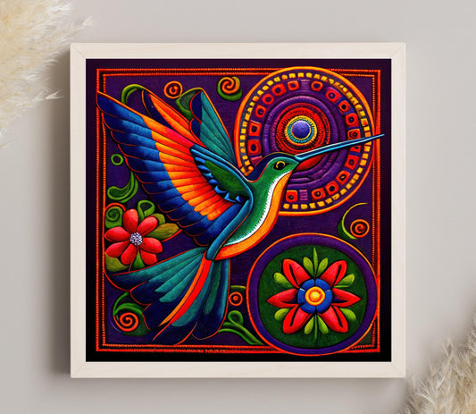 Huichol Hummingbird Canvas | Vibrant Mexican Folk Art Bohemian Wall Decor Print