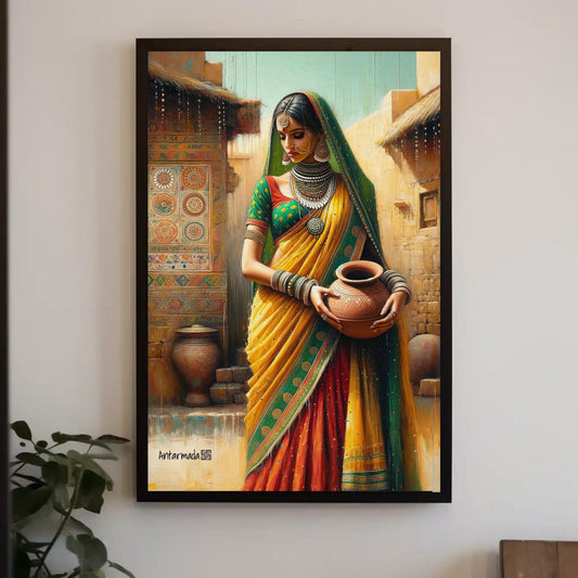 Indian Woman Portrait – Framed Canvas Painting | Desi Wall Art for Living Room Decor