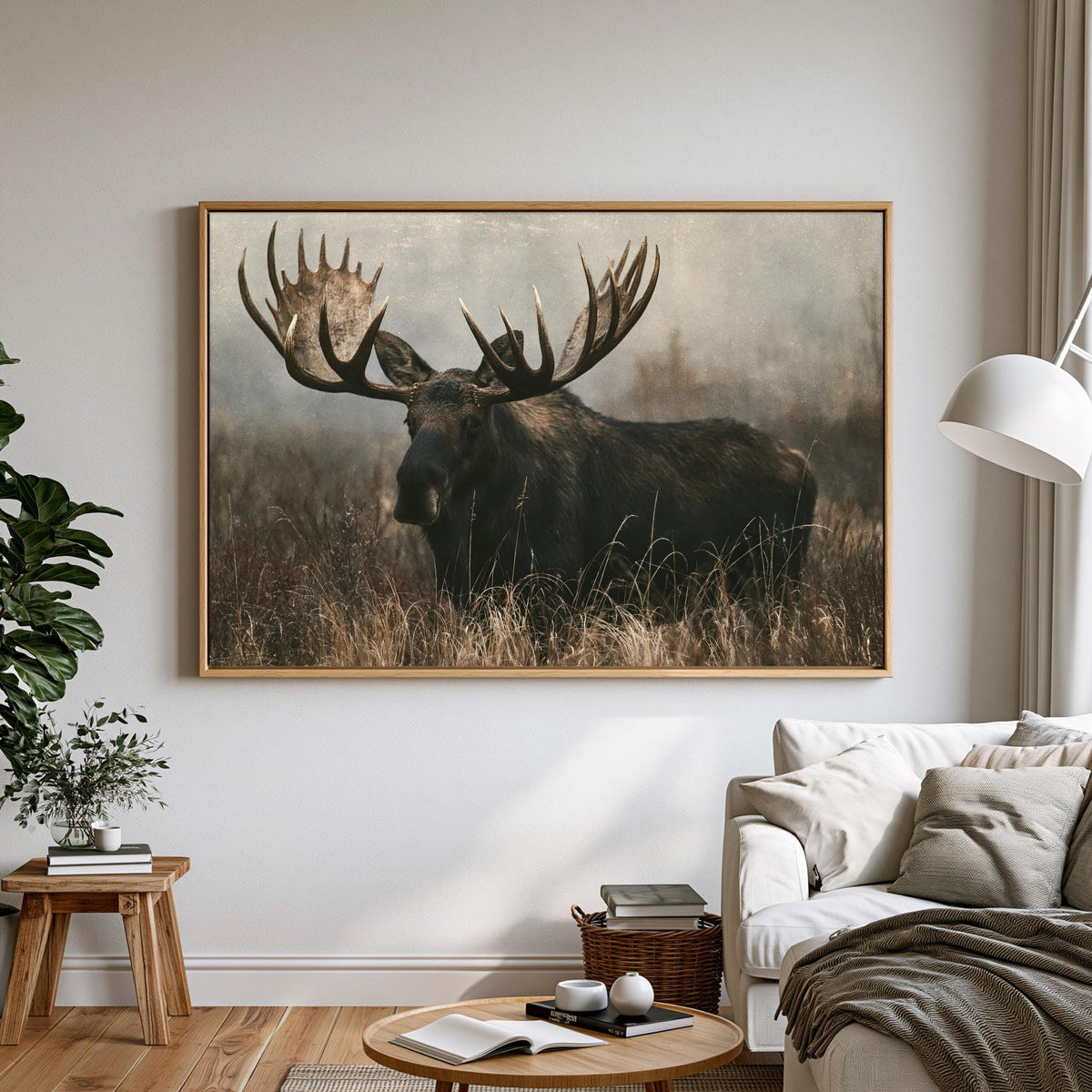 A large framed photograph of a moose with impressive antlers is displayed on the wall in a living room setting.