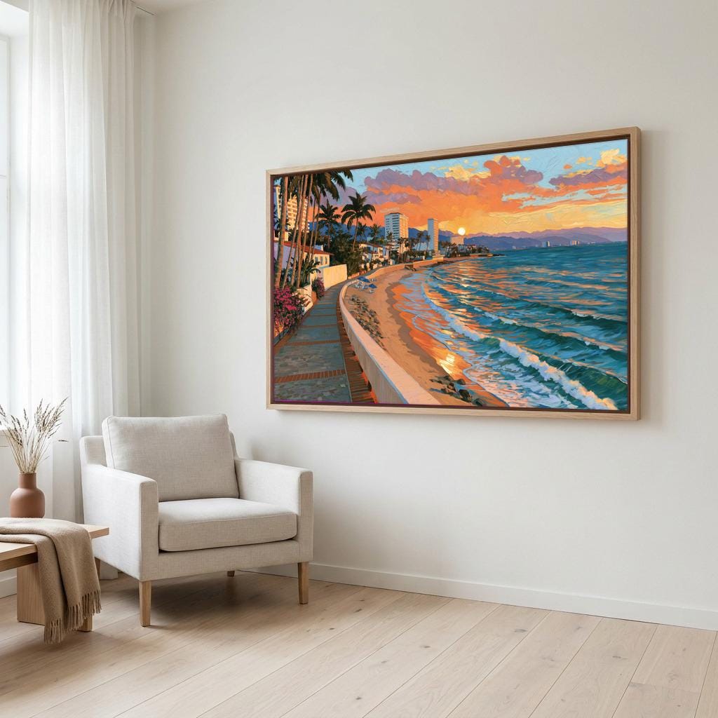 Puerto Vallarta malecon sunset canvas wall art, large painting of a beach scene with palm trees, a sunset, and a city