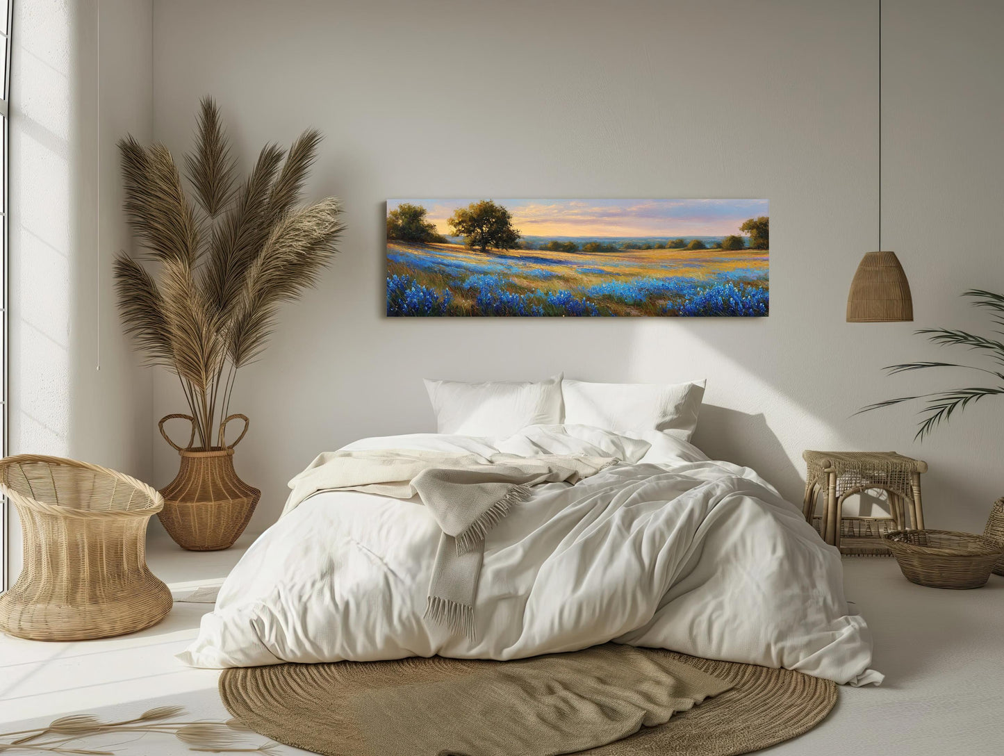 Texas Bluebonnet , Panoramic Sunset canvas wall art shown in a bedroom