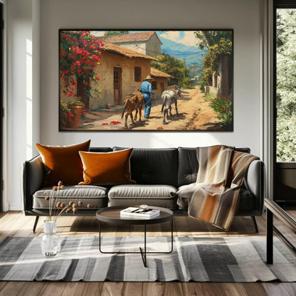 Mexican Village , Vibrant Mexico Pueblo canvas wall art shown in a living room (view 2)