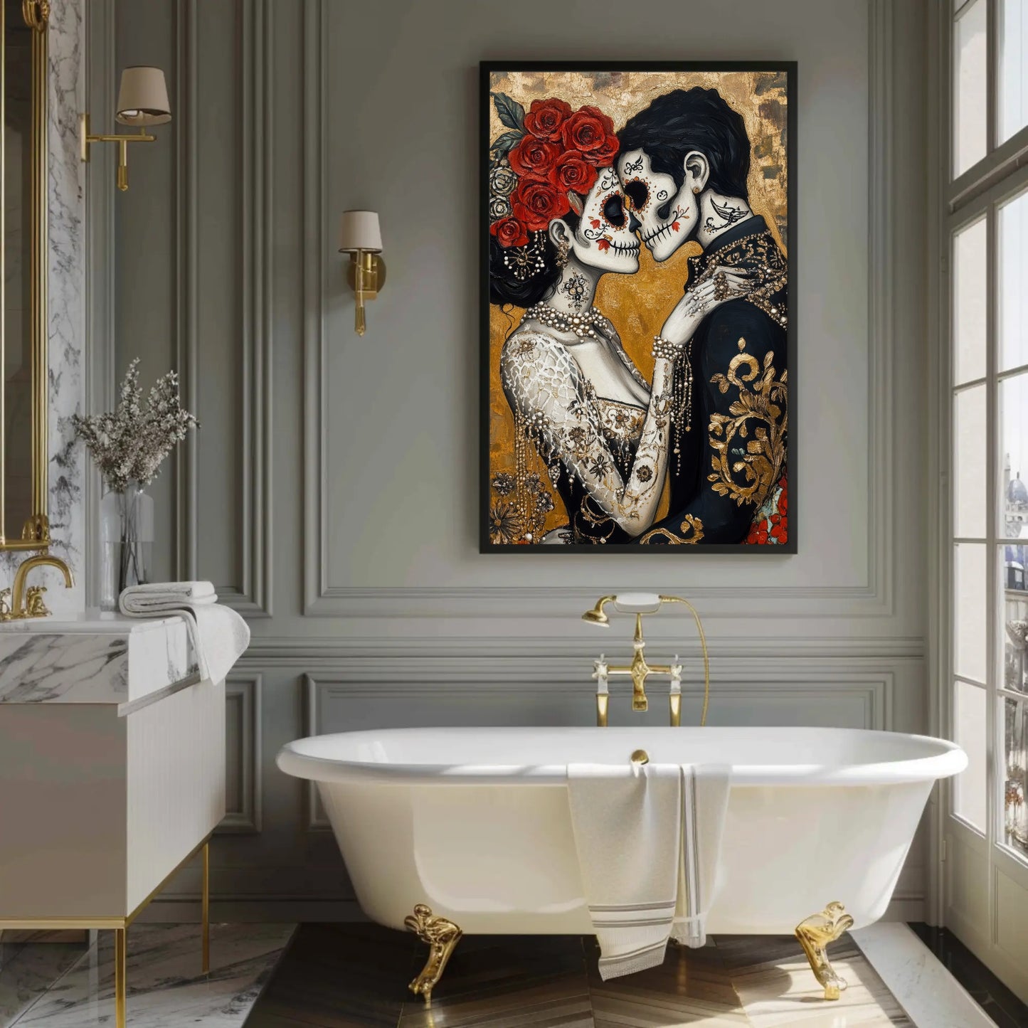 Day of the Dead canvas wall art shown in a bathroom