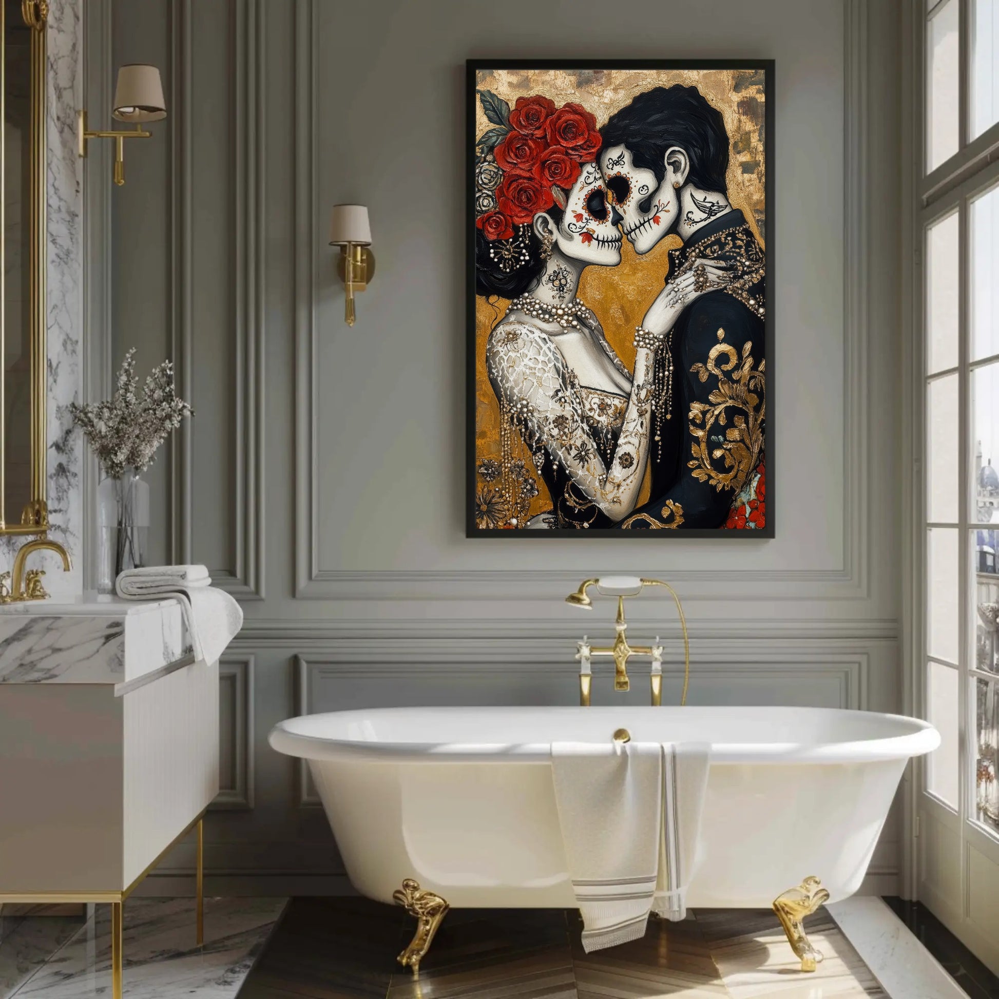 Day of the Dead canvas wall art shown in a bathroom