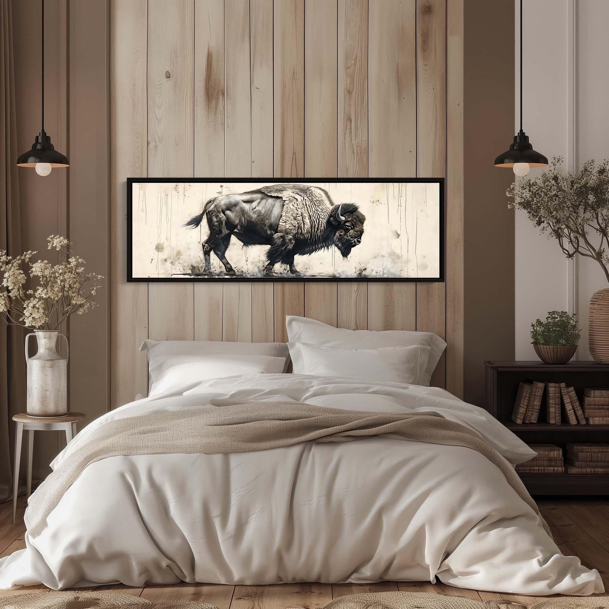 Bison canvas wall art shown above a bed (view 2)
