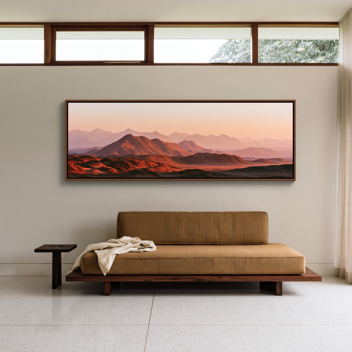 Red desert mountains sunset panoramic canvas wall art, terracotta peaks under a peach sky